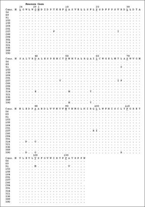 Deduced amino acid sequences encoded by a portion of the hepatitis B virus (HBV) C gene from blood donors with occult hepatitis B infection. Each donor’s sequence was aligned with reference sequences of HBV genotype H (consensus sequence). Numbers indicate amino acid position within the protein and each dot corresponds to a non-variable amino acid.