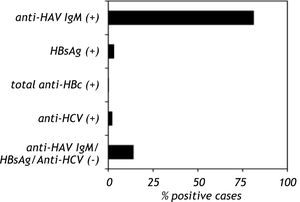 Seroprevalence of anti-HAV, HBsAg, total anti-HBc and anti-HCV in Mexican children with viral hepatitis. The serum samples from children with hepatitis were screened to detect anti-HAV IgM, HBsAg, total anti-HBc and anti-HCV. The serological markers were detected by an immunoenzymatic assay according to the manufacturer’s instructions (Abbot Laboratories, Chicago IL and BIO-RAD Laboratories, Chicago IL). The data are presented as percentages of positive and negative serological markers.