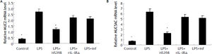 Induction of MUC2 and MUC5AC expression in HIBECs by LPS mainly dependent endogenous PGE2 production (A) and (B) LPS (10 μg/mL) induced MUC2 and MUC5AC mRNA expression in HIBECs, which was remarkably suppressed by COX-2 inhibitor NS398 (100 μmol/L). *P < 0.01, vs. LPS. Data are expressed as mean ± SD, n = 3. inf: infliximab.