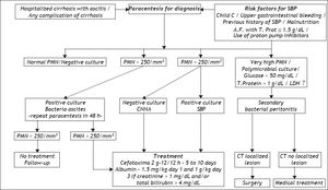 Flowchart for the diagnosis and treatment of spontaneous bacterial peritoinitis.