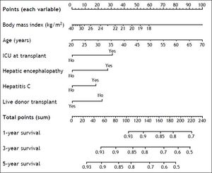 Cox regression nomogram: estimation of individual predicted probability of 1-, 3-, and 5-year survival after transplant. Total points, which are calculated by adding points earned by each of the six predictive variables, read corresponding prognosticated survival.