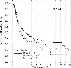 Survival estimates according to severity of liver fibrosis at Kasai operation.
