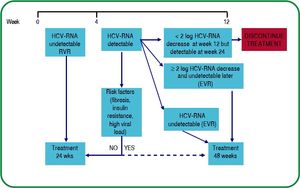 Response-guided therapy with double regimen (PegIFN/RBV) in patients with HCV genotype 2 and 3 infection. Adapted from: EASL Journal of Hepatology 2014; 60:392-420.