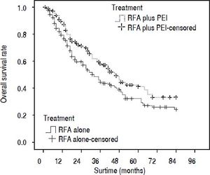 Propensity score-matched Kaplan-Meier curves of patients treated with radiofrequency ablation (RFA) alone (n = 180) or RFA and percutaneous ethanol injection (PEI) (n = 180). The 1-, 3-, and 5-year cumulative overall survival (OS) rates were 78.0, 44.4, and 30.1% for patients in RFA group, and 88.2, 58.0, and 41.1% for patients in RFA + PEI group, respectively. There was a significant difference in OS between the two groups (P = 0.019).