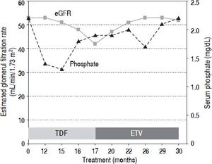 Time course of estimated glomerular filtration rate and serum phosphate during TDF and ETV treatment.