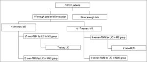 Flow-chart of the patients included in the study: from 132 HF patients, how many were studied for MS, how many had MS and NMS, sex distribution, LIC determination, and LIC raised levels. HF: hyperferritinemia. MS: metabolic syndrome. NMS: no MS. LIC: liver iron concentration.