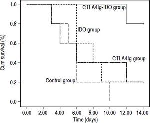 Survival rate in CTLA4Ig-IDO, CTLA4Ig, IDO, and control groups after 14 days. All recipients died within 10 days in the control group. The 14-day survival rates for CTLA4Ig-IDO, CTLA4Ig, and IDO groups were 80%, 20%, and 20%, respectively (P < 0.05).