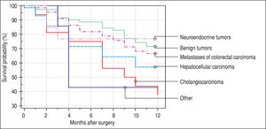 12-month survival of patients younger than 65 years according to histological finding.