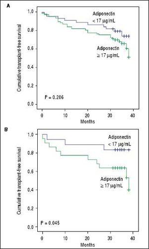 Kaplan-Meier transplant-free survival of the entire cohort (A) and of patients with alcoholic liveoase (B) stratified according to the adiponectin cutoff level of 17 µg/mL. No signifcant differences were noted for the entire cohort (P = 0.206, log-rank test). Transplant-free survival was significantly lower among patients with adiponectin = 17 µg/mL (26.55 months, 95% CI 21.40 to 31.70) as compared to those with levels < 17µg/mL (33.76 months, 95% CI 30.70 to 36.82) (P = 0.045).