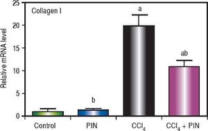 Effect of treatment with 20 mg/kg PIN on Collagen I released during CCl4-induced hepatotoxicity in rats assessed using Real-time PCR. Values are given as mean + S.D. for groups of 15 rats for each (a or b) significantly different from the control or CCl4 group respectively at P < 0.05 using ANOVA followed by Tukey-Kramer as a post hoc test.