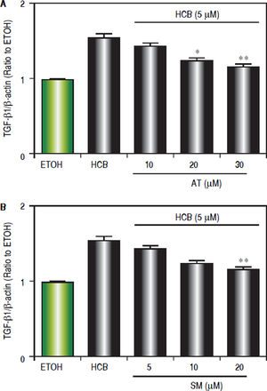 Effect of statins on TGF-β 1 protein levels, in Hep-G2 cells treated with HCB. A. Western blot analysis of TGF-β1 protein levels in Hep-G2 cells pretreated with AT (10, 20 and 30 μM) or SM (5, 10 and 20 μM) for 3 h and then treated with HCB (5 μM) for 24 h. Quantification of TGF-β 1 L-19 ratio to ETOH is shown in the lower panel. B. Values are means ± SEM of three independent experiments. Significantly different (*p < 0.05 and **p < 0.05) compared to HCB-treated cells.
