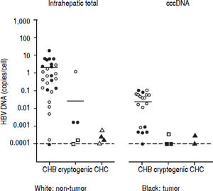 Quantitative levels of intrahepatic total HBV DNA and cccDNA. Individual measurements from the non tumor liver tissue are shown as white dots and measurements from the tumor tissue are shown as black dots. CHB: chronic hepatitis B. CHC: chronic hepatitis C.