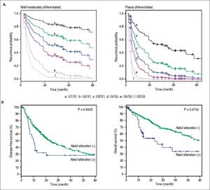 Correlation of Nek2 expression with HCC recurrence. A. Cox survival curves for the HCC cases shown according to the risk scores of the AJCC stages (S) and Nek2 expression levels (G, also summarized in Table 4). In the well/moderately and poorly differentiated HCC group, both the AJCC stage and Nek2 expression are correlated with the recurrence probabilities after curative hepatic resections. B. Correlations of the alterations of Nek2 expression in the HCCs with the disease-free (left) and overal survivals as presented in the HCC database of cBioPortal for Cancer Genomics. The threshold for gene expression alteration (Z-score) in a tumor was a 1.8-fold increase or decrease compared with the level expressed in the peri-tumorous region. Both of HCC diseasefree (p value 0.0023) and overall (p value 0.0152) survival rates are correlated with alterations of Nek2 expression in the tumor.
