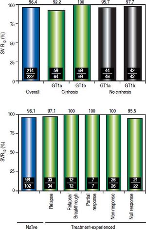 Sustained virologic response rates overall, and by HCV subtype, hepatic fibrosis status and previous response to pegIFN/RBV combination therapy. Definitions of responses to prior treatment with pegIFN/RBV: Relapse, undetectable HCV RNA at the end of treatment, but was detected during follow-up; Relapse/breakthrough, ≥ 1 documented result of undetectable HCV RNA during treatment; Nonresponse, no documented undetectable HCV RNA results during treatment, or HCV RNA was detected at the end of treatment with insufficient data available to categorize the response as a relapse, breakthrough, partial response or null response; Partial response, ≥ 2-log IU/mL decrease in HCV RNA by Week 12; Null response, < 1-log IU/mL reduction in HCV RNA by Week.