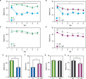 Motor skills during the MWM protocol. A-D. Swimming speed was measured every day in rats with the indicated treatment. The two way ANOVA analysis reveals significant differences between groups in panels A (p < 0,001), C and D (p < 0.01). E-H. Bar graphs show the average swimming speed during the MWM protocol for each group. White, black, dark and light gray bars represent C, LF, LF + MT and MT groups respectively. Mean ± standard error. Statistical analysis unpaired student t test, ***p < 0.001, **p < 0.01.