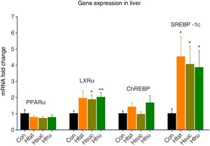 Gene expression results of liver tissue. Groups were compared with Con group. No significant differences were found between groups for PPARα and ChREBP genes. On the other hand, LXRα expression levels upregulated approximately 2 folds in Hsuc (1.87±0.30) and Hfru (2.01±0.29) groups. SREBP-1c levels upregulated more than 3 folds in Hfat (4.52±1.25), Hsuc (4.05±1.11) and Hfru (3.85±1.04) groups (*P<0.05, **P<0.01).
