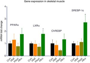 Gene expression results of skeletal muscle. In skeletal muscle, there are no significant differences in groups for gene expression levels of PPARα and ChREBP. On the other hand, in Hfru group, LXRα (1.77±0.30) and SREBP-1c (2.71±0.56) expression levels upregulated (*P<0.05).