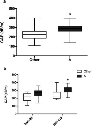 Mean CAP in patients with PCOS around different phenotypes. (a) Classic phenotype A (black) vs. others (white). Data represent the mean±standard deviation. * Refers compared to the PCOS presentation with another phenotype p=0.0009. (b) Phenotype presentation according to BMI. Data represent the mean±standard deviation. * Refers compared to the presence of another PCOS phenotype and BMI≥25 group, p=0.0086. Body mass index (BMI), controlled attenuation parameter (CAP).