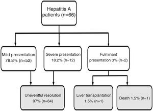 Flow chart. Hepatitis A patient’s outcome during follow-up. Note: Mild presentation: clinical course without severe/fulminant hepatitis evolution; Severe presentation: Hepatitis A with coagulopathy (INR less than 1.5 or prothrombin time expressed in activity percentage less than 50%); Fulminant presentation: severe hepatitis A with encephalopathy.