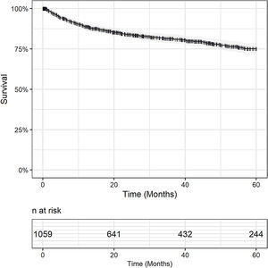 Overall survival curve of transplanted patients with hepatocellular carcinoma diagnosis in Brazil censoring patients who died within 30 days after transplant.