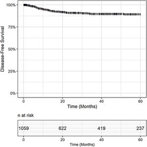 Disease-free survival curve of patients transplanted with hepatocellular carcinoma in Brazil.