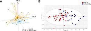 Lipidomics differentiates patients with or without chronic HBV infection. (A) Score plot of 3D principal component analysis (PCA) for the patients with (NAFLD-HBV group) or without chronic HBV infection (NAFLD group). (B) Score plot of orthogonal partial least squares-discriminant analysis (OPLS-DA) for the NAFLD and NAFLD-HBV groups.