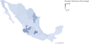 Geographic distribution of the place of residence of 1841 patients who received liver tranplant in Mexico between 2007 and 2019.