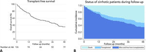 Long term survival of the cohort. A: Transplant-free survival curve (Kaplan–Meier). B: Stacked cumulative incidence of alive and free from transplantation, mortality, and liver transplantation.