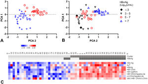 A-C. Principal component analysis (PCA) and clustering. PCA plots, each patient resembling a dot (A-B). Clusters distinguished in colour, clusters 1 (blue), 2 (red) and HBeAg-negative (+) and HBeAg-positive (o) patients in symbols (A). Patients divided by HBcrAg values (B). Heat map (C) showing all included markers: red represents values above 2SD and blue below -2SD from the mean for each value. HBeAg-seropositivity and clusters of each patient are shown in the top bar, cluster 1 and HBeAg negative patients are in lighter grey. cccDNA; covalently closed circular DNA, HBcrAg; hepatitis B core-related antigen, HBeAg; hepatitis B e antigen, HBsAg; hepatitis B surface antigen, HBV-RNA; HBV pregenomic RNA.