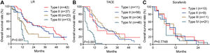 Overall survival rates for HCC patients from the internal validation cohort with different types of portal vein tumor thrombus: patients underwent (A) liver resection, (B) TACE or (C) sorafenib.