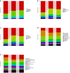 The abundance of gut microbiota at different taxonomic levels. Fig. 1A–E show the distribution of the predominant bacteria at phylum, class, order, family and genus levels respectively.