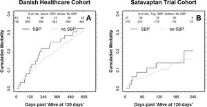 Cumulative all-cause mortality for the patients that were alive four months (120 days) after the index date in the Danish Healthcare Cohort (A) and the Satavaptan Trial Cohort (B). Note that the scale on the x-axis differs between the two patient cohorts. The number at risk are written underneath the top x-axis for SBP patients (top) and no SBP (bottom).