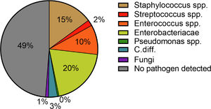 Pie chart showing the germ spectrum of hospital-acquired infections. Spp. Species pluralis; C.diff. Clostridioides difficile.