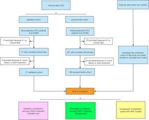 Flowchart of the cohorts used in the study. The training cohort included 199 patients and the validation cohort included 71 patients.