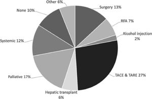 Pie chart describing the implemented therapies for hepatocellular carcinoma in South America 2019-2021.