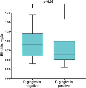Bilirubin levels in P. gingivalis negative and positive patients