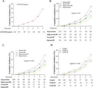 Cumulative incidence of liver fibrosis during the 6-year follow-up by Kaplan–Meier curves. (A) Liver fibrosis incidence in individuals with MAFLD; (B) Liver fibrosis incidence stratified by BP level; (C) Liver fibrosis incidence stratified by BP level after removing baseline T2DM; (D) Liver fibrosis incidence stratified by hypertension grade BP, blood pressure; T2DM, type 2 diabetes mellitus; MAFLD, metabolic dysfunction-associated fatty liver disease.