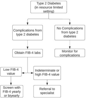 A proposed algorithm for non-alcoholic fatty liver disease screening in patients with type 2 diabetes in resource-limited settings. NAFLD: non-alcoholic fatty liver disease.
