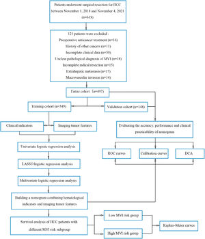 Flowchart of the study population and processing. DCA, decision curve analysis; HCC, hepatocellular carcinoma; KM, Kaplan-Meier; LASSO, absolute shrinkage and selection operator; MLRA, multivariate logistic regression analysis; MVI, microvascular invasion; ROC, receiver operating characteristic; TC, training cohort; ULRA, univariate logistic regression analysis; VC, validation cohort.
