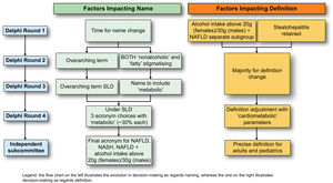 Overview of main findings by Delphi round. The conclusions reached at the end of each Delphi round are depicted here. Results are shown at each corresponding Delphi round with respect to name change and definition, depicted in light green and orange, respectively. An independent subcommittee that comprised expert endocrinologists, hepatologists, paediatricians, and patients chose between the top 3 acronyms emerging from the fourth Delphi round and outlined the specifics of the definition to include cardiometabolic parameters, as dictated by the fourth Delphi round. Abbreviation: SLD, steatotic liver disease.