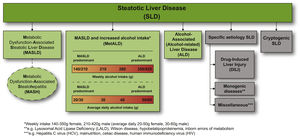 Steatotic liver disease (SLD) subclassification. This depicts the schema for SLD and its subcategories. SLD, diagnosed histologically or by imaging, has many potential aetiologies. Metabolic dysfunction associated steatotic liver disease (MASLD), defined as the presence of hepatic steatosis in conjunction with one cardiometabolic risk factor (CMRF) and no other discernible cause, ALD, and an overlap of the 2 (MetALD), comprises the most common causes of SLD. Persons with MASLD and steatohepatitis will be designated as metabolic dysfunction associated steatohepatitis (MASH). Within the MetALD group, there exists a continuum across which the contribution of MASLD and ALD will vary. To align with current literature, limits have been set accordingly for weekly and daily consumption, understanding that the impact of varying levels of alcohol intake is aetiologies. Other causes of SLD need to be considered separately, as is already done in clinical practice, given their distinct pathophysiology. Multiple aetiologies of steatosis can coexist. If there is uncertainty and the clinician strongly suspects metabolic dysfunction despite the absence of CMRF, this may be early MASLD and prompt additional testing (e.g., Homeostatic Model Assessment for Insulin Resistance (HOMA-IR) and oral glucose tolerance tests). Those with no identifiable cause (cryptogenic SLD) may be recategorised in the future pending developments in our understanding of disease pathophysiology. Finally, the ability to provide an affirmative diagnosis allows for the coexistence of other forms of liver disease with MASLD, for example, MASLD + autoimmune hepatitis or viral hepatitis. *Weekly intake 140–30 g female, 210–420 g male (average daily 20–50 g female, 30–60 g male). **e.g., Lysosomal acid lipase deficiency (LALD), Wilson disease, hypobetalipoproteinemia, inborn errors of metabolism. ***e.g., HCV, malnutrition, celiac disease, human immunodeficiency virus (HIV).