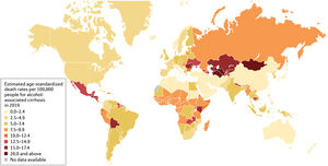 Worldwide prevalence of death rates related with alcohol-associated cirrhosis (with permission from Huang D, et al. [136].