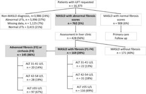 iLFT diagnostic pathway for the detection and risk stratification of MASLD patients with and without fibrosis in primary care between March 2016 – April 2022. Results show the proportion of MASLD patients with abnormal NFS/Fib-4 score who were assessed in liver clinics and found to have fibrosis (F1-F4) within each ALT category. The proportion of advanced fibrosis (F3) or cirrhosis (F4) within each ALT category is also shown. Abbreviations: iLFT, intelligent Liver Function Test; ALT, alanine aminotransferase; LFT, liver function test; MASLD, metabolic dysfunction-associated steatotic liver disease.
