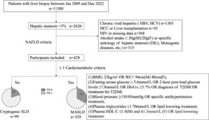Study design. BMI, body mass index; DILI, drug-induced liver injury; F, female; HBV, hepatitis B virus; HbA1C, Glycosylated hemoglobin type A1C; HCV, hepatitis c virus; HCC, hepatocellular carcinoma; HDL-C, high-density lipoprotein cholesterol; HIV, human immunodeficiency virus; M, male; MASLD, metabolic associated steatotic liver disease; SLD, steatotic liver diseases; T2DM, type 2 diabetes mellitus; WC, waist circumference.