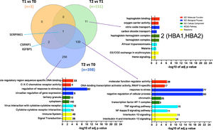 Venn diagrams depicting the overlap between DGEs in the different pairwise comparisons. T1 vs. T0 in orange, T2 vs T1 in green, and T2 vs T0 in purple. Functional enrichment was performed for indicated subsets. The set of genes for GO/Pathway enriched was represented by the number at the right of each horizontal bar. The vertical dashed lines represent significant at p≤0.05.