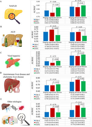 Diagnostic performance of FIB-4, NFS, and SAFE for staging significant fibrosis (S ≥ 2) and advanced fibrosis (S ≥ 3) in an Asian center. (A) Diagnostic performance of non-invasive tests in staging significant fibrosis and advanced fibrosis in NAFLD. (B) Diagnostic performance of non-invasive tests in staging significant fibrosis and advanced fibrosis in ALD. (C) Diagnostic performance of non-invasive tests in staging significant fibrosis and advanced fibrosis in viral hepatitis (including chronic hepatitis B and chronic hepatitis C). (D) Diagnostic performance of non-invasive tests in staging significant fibrosis and advanced fibrosis in autoimmune liver disease and cholestatic liver disease. (E) Diagnostic performance of non-invasive tests in staging significant fibrosis and advanced fibrosis in other liver diseases (including drug-induced liver injury, generic,infectious-related liver disease, hepatic vascular disease, and cryptogenic liver disease). ALD, alcohol-related liver disease; CSLD, cholestatic liver disease; DILI, drug-induced liver injury; EAC, excessive alcohol consumption; FIB-4, Fibrosis-4 Index for Liver Fibrosis; NAFLD, non-alcoholic fatty liver disease; NFS, Nonalcoholic Fatty Liver Disease Fibrosis Score; NHANES, National Health and Nutrition Examination Survey; SAFE, Steatosis-Associated Fibrosis Estimator; VH, viral hepatitis.