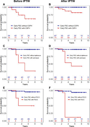 KM survival analysis of liver transplant-free survival in early PBC patients. Abbreviations: CSPH, clinically significant portal hypertension; Early PBC, early-histologic-stage PBC (PBC in Scheuer stages Ⅰ–Ⅱ); IPTW, inverse-probability of treatment-weighting analysis; PBC, primary biliary cholangitis. (A) Liver transplant-free survival of patients with early PBC with and without CSPH before IPTW. (B) Liver transplant-free survival of patients with early PBC with and without CSPH after IPTW. (C) Comparison of liver transplant-free survival between early PBC patients with and without splenomegaly before IPTW. (D) Comparison of liver transplant-free survival between early PBC patients with and without splenomegaly at baseline after IPTW. (E) Comparison of liver transplant-free survival between early PBC patients with and without PSCC at baseline before IPTW. (F) Comparison of liver transplant-free survival between early PBC patients with and without PSCC at baseline after IPTW. Note: IPTW-adjusted (variables adjusted by age, sex, perisinusoidal fibrosis, and nodular regenerative hyperplasia)