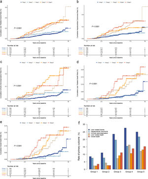 Kaplan‒Meier survival analysis curves for liver-related events (LREs) and deaths in the cohort of CHB patients with cACLD according to different LSM change trajectories. Group 1, Low gradual decrease trajectory group; Group 2, Medium quickly decrease trajectory group; Group 3, Low stable trajectory group; Group 4, Medium gradual decrease trajectory group; Group 5, High quickly decrease followed by increase trajectory group. Liver-related events (a), HCC (b), liver decompensation (c), liver-related death (d), and overall death (e). P value was determined by the log-rank test. Crude rates of liver-related primary outcomes at the end of follow-up according to different LSM change trajectory groups in the entire cohort of CHB patients with cACLD (f).