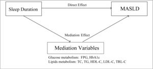 Schematic diagram of the mediation analysis. Abbreviations: MASLD, metabolic dysfunction-associated steatotic liver disease; FPG, fasting plasma glucose; HbA1c, glycated hemoglobin; TG, triglycerides; TC, total cholesterol; HDL-C, high-density lipoprotein cholesterol; LDL-C, low-density lipoprotein cholesterol; TRL-C, triglyceride-rich lipoprotein cholesterol.