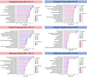 Gene Ontology (GO) Enrichment Analysis of upregulated (FC≥1.5) and downregulated genes (FC≤0.5). The graphs are categorized into Biological Process (BP), Cellular Component (CC), and Molecular Function (MF). The x-axis shows the -log10 of the p-value, indicating the significance of the enrichment for each GO term. The color of the bars corresponds to fold enrichment, while the size of the circle represents the number of genes.